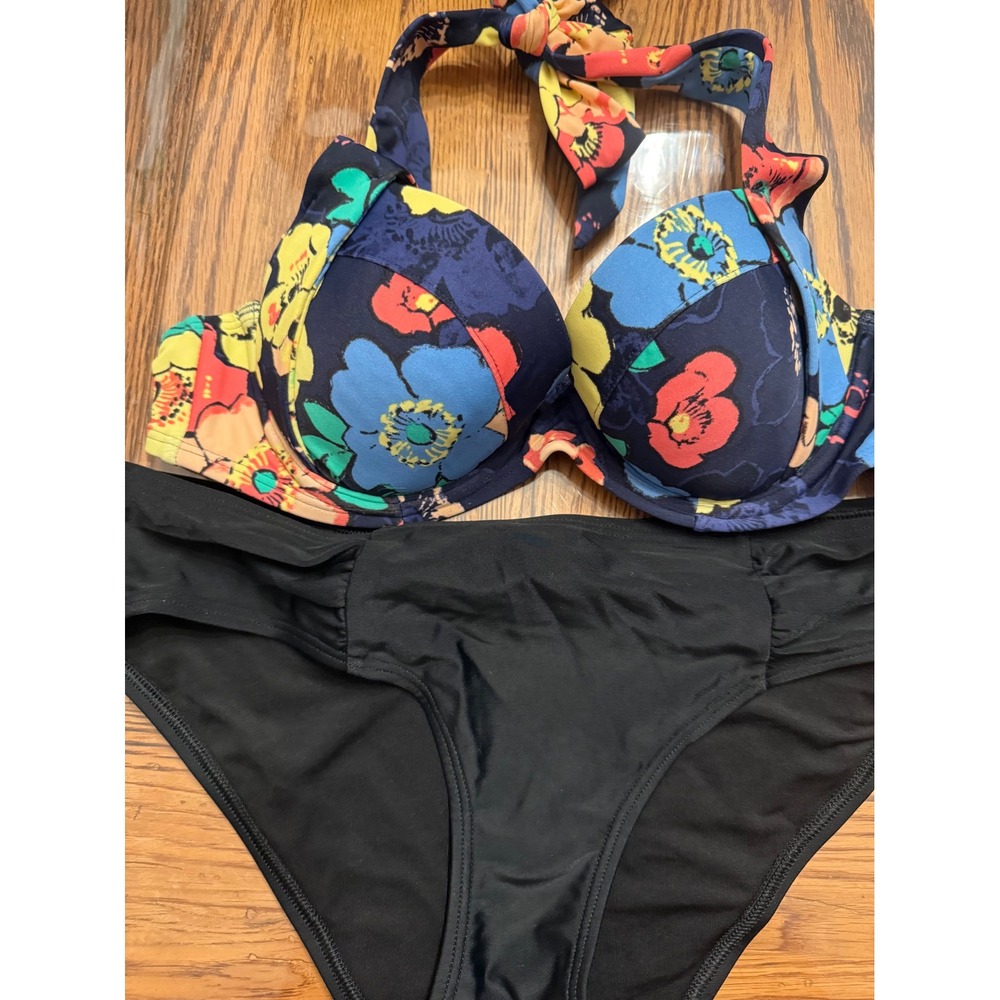 Aerie Bikini Swimsuit Set Womens S/34B Black Floral Push Up Halter Hipster - Picture 3 of 4